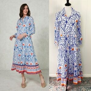 Ro's Garden Jinette Maxi Blue Ozzie Orange White Button Front Cotton Size XS